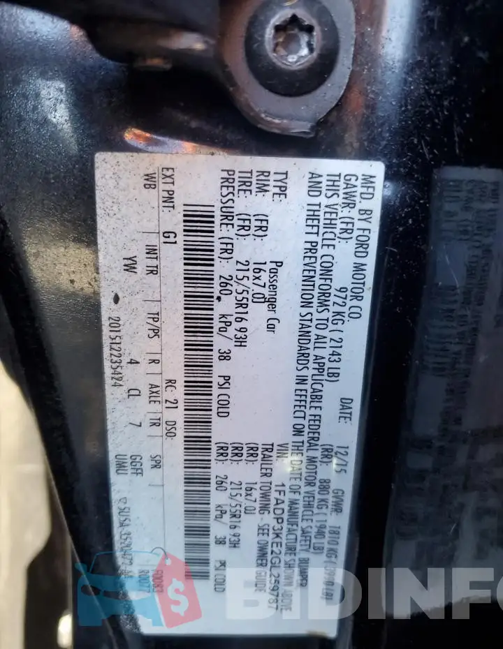 1FADP3KE2GL259787 Photo# 12