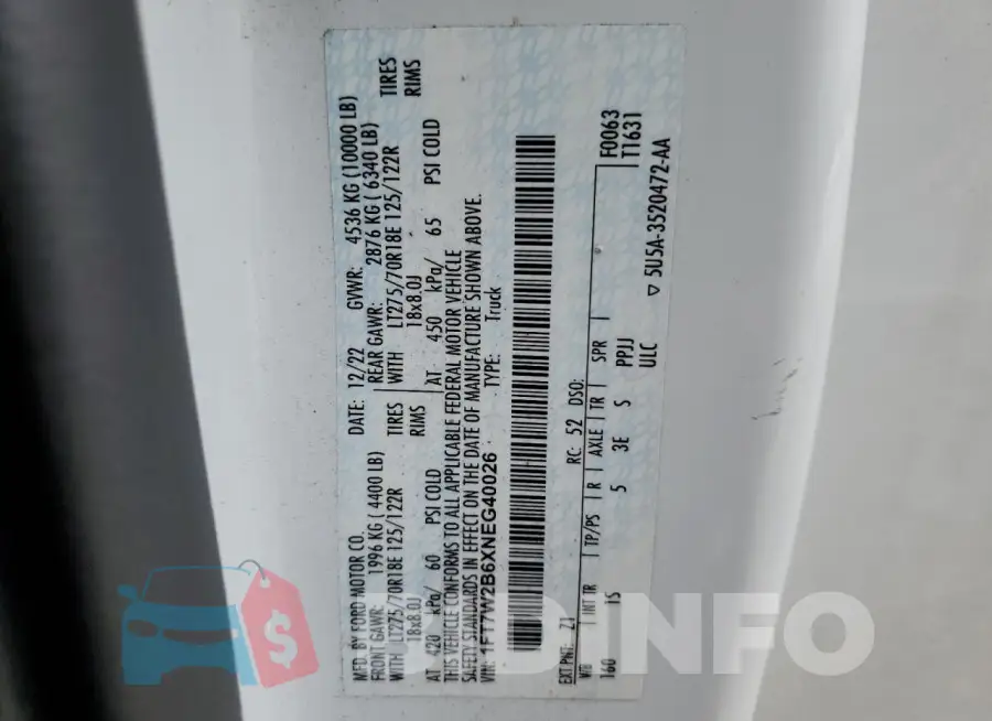 1FT7W2B6XNEG40026 Photo# 12