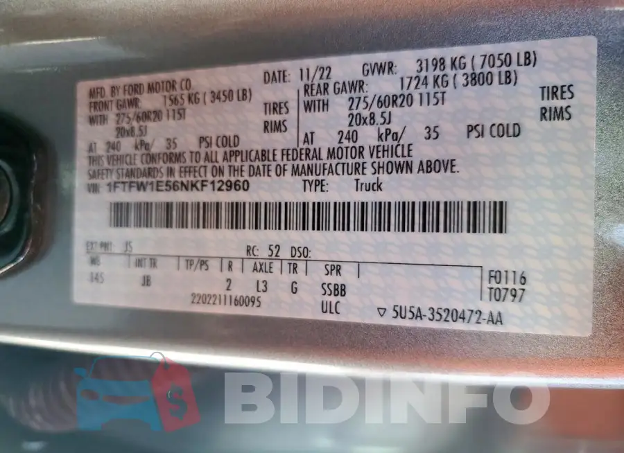 1FTFW1E56NKF12960 Photo# 12