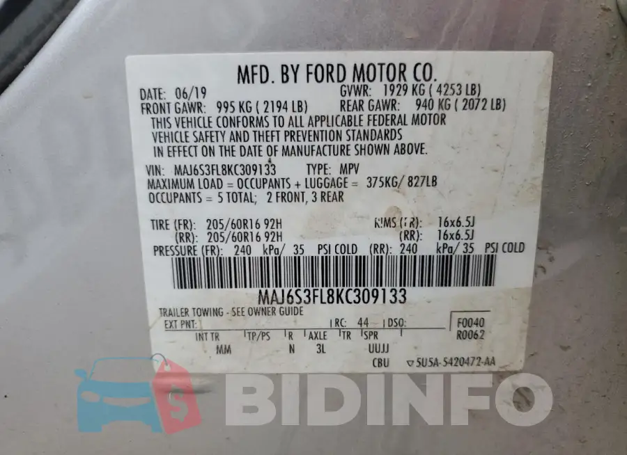 MAJ6S3FL8KC309133 Photo# 13