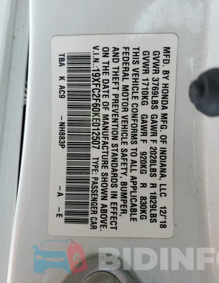 19XFC2F60KE012507 Photo# 13