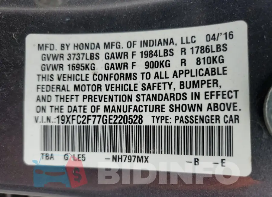 19XFC2F77GE220528 Photo# 12