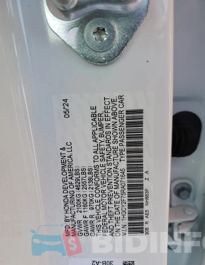 1HGCY2F75RA071645 Photo# 12
