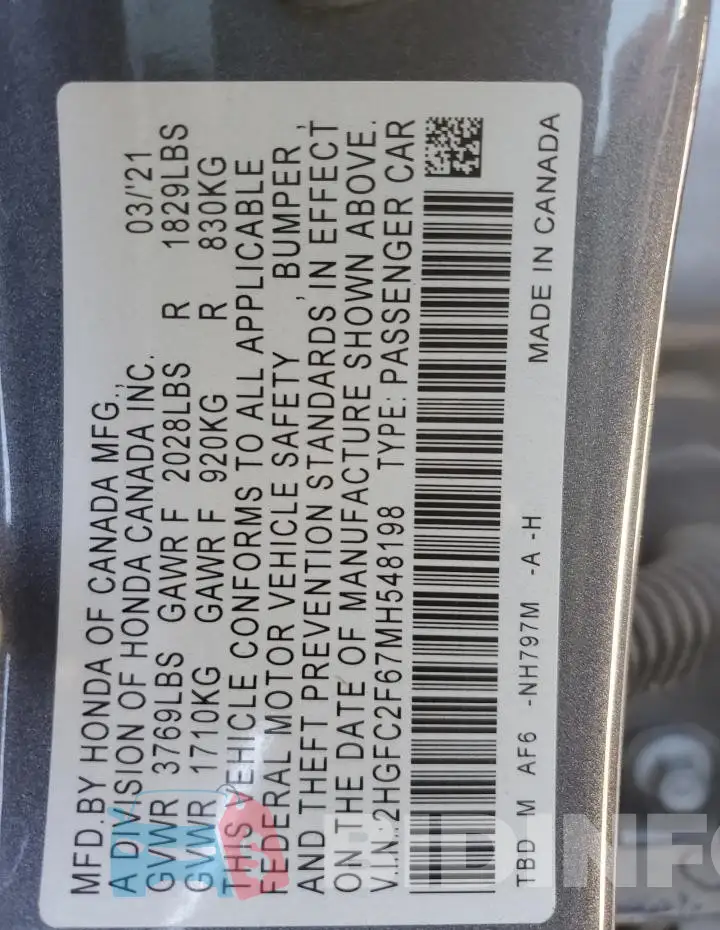 2HGFC2F67MH548198 Photo# 13