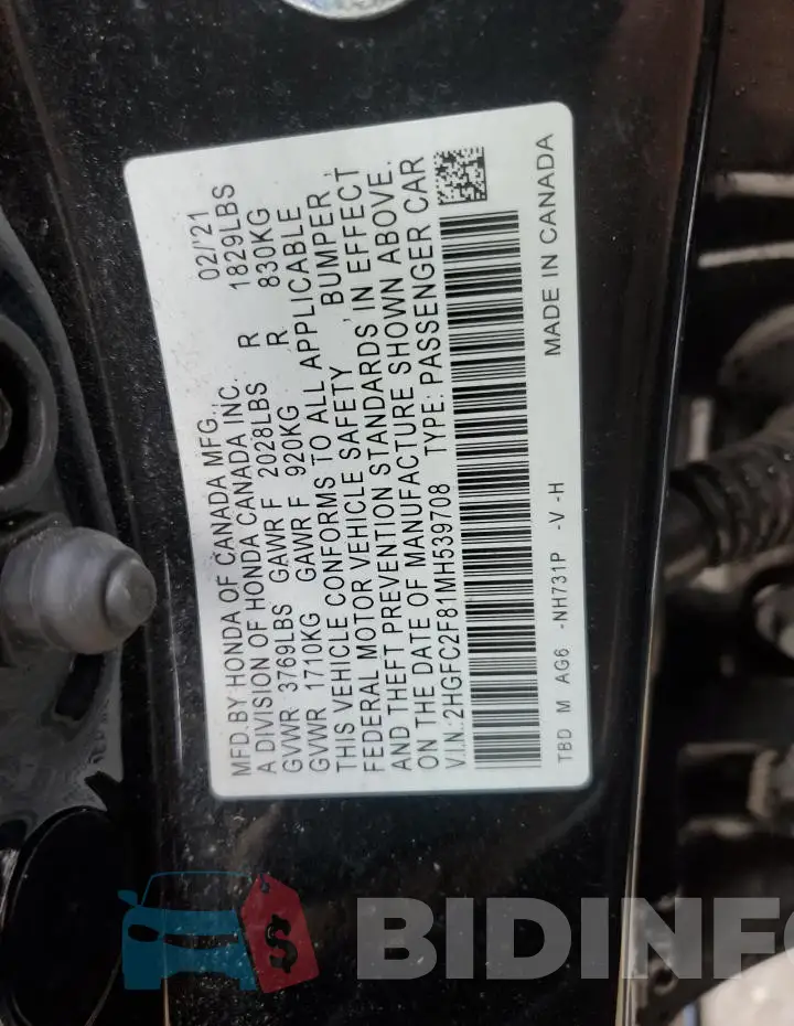 2HGFC2F81MH539708 Photo# 12