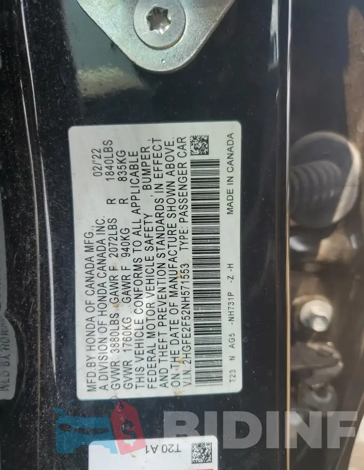 2HGFE2F52NH571553 Photo# 12