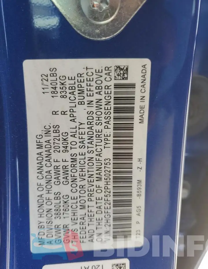 2HGFE2F52PH502753 Photo# 12