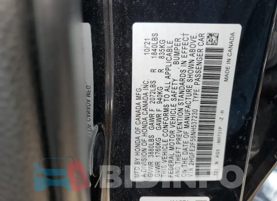 2HGFE2F56NH537230 Photo# 12