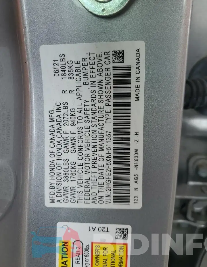 2HGFE2F5XNH511357 Photo# 12