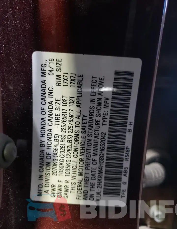 2HKRM4H58GH652042 Photo# 14