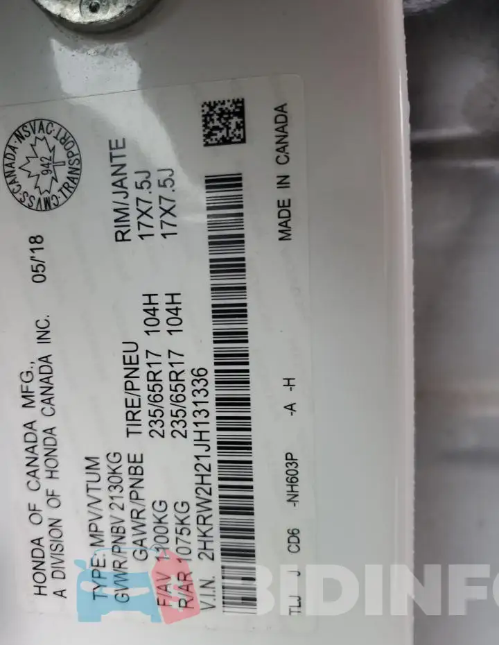2HKRW2H21JH131336 Photo# 12