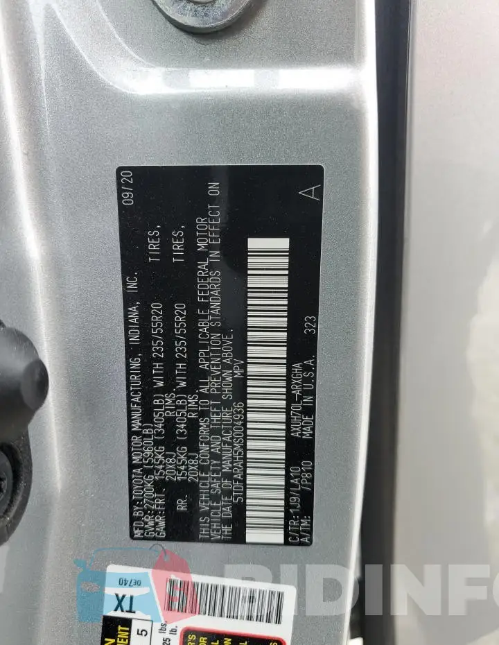 5TDFARAH5MS004936 Photo# 13