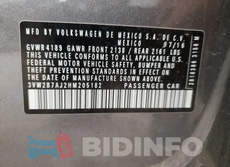 3VW2B7AJ2HM205182 Photo# 12
