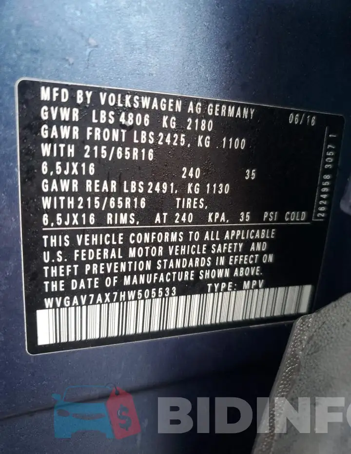 WVGAV7AX7HW505533 Photo# 13