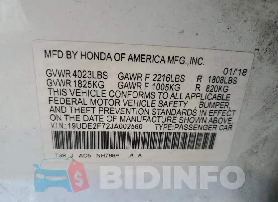 19UDE2F72JA002560 Photo# 12