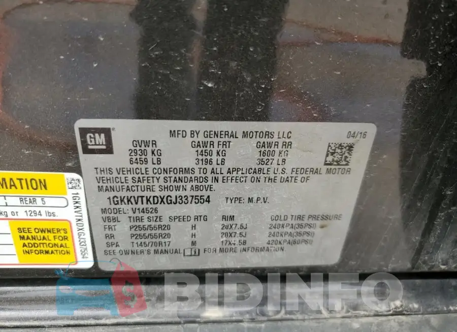 1GKKVTKDXGJ337554 Photo# 13
