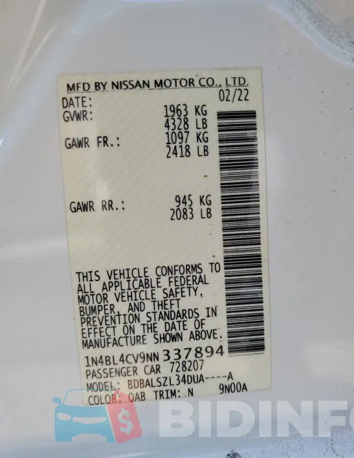 1N4BL4CV9NN337894 Photo# 12