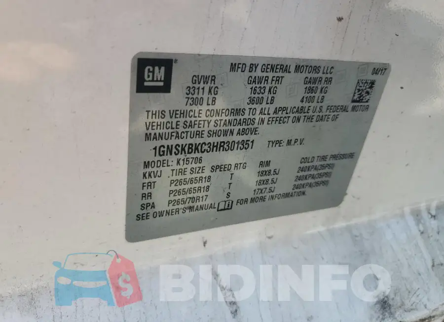 1GNSKBKC3HR301351 Photo# 13