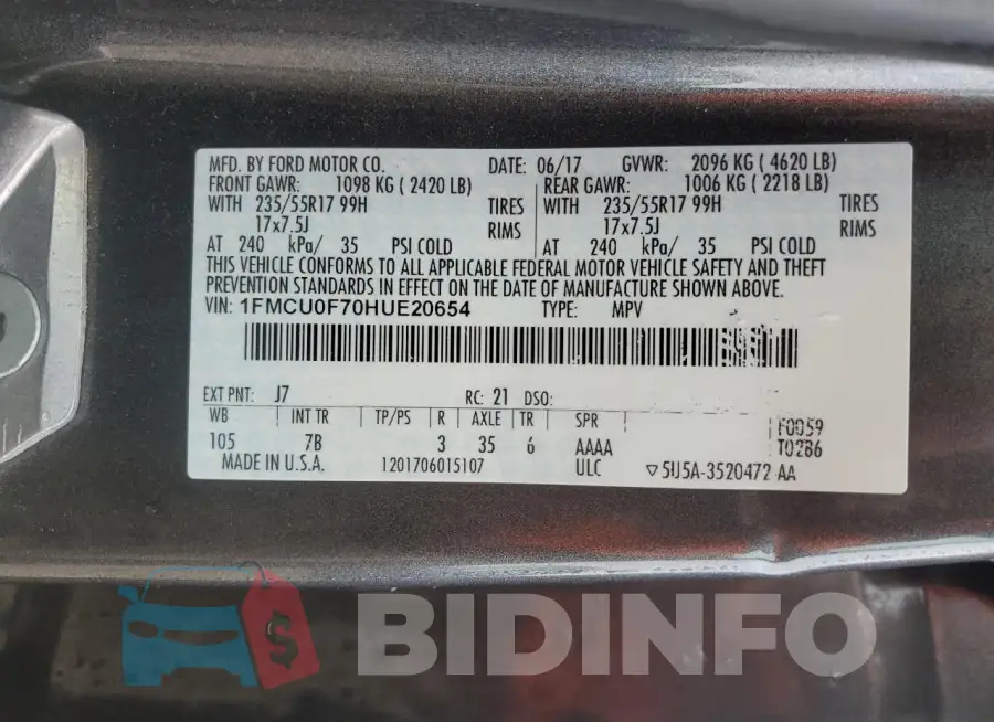 1FMCU0F70HUE20654 Photo# 12