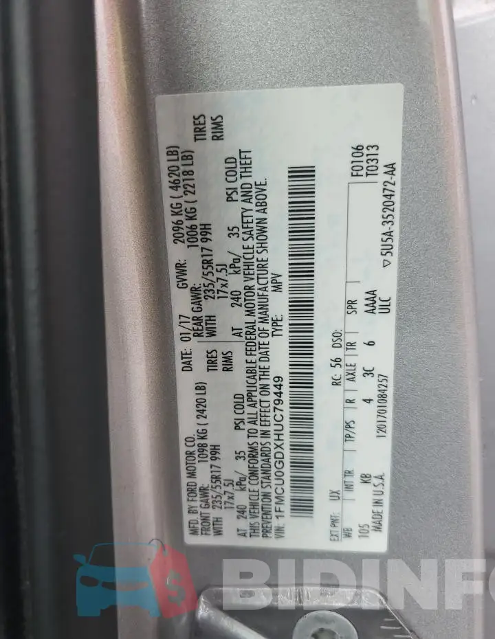1FMCU0GDXHUC79449 Photo# 13