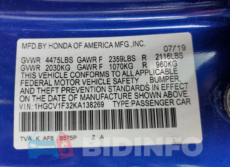 1HGCV1F32KA138269 Photo# 13