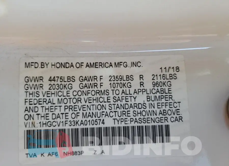 1HGCV1F33KA010574 Photo# 12