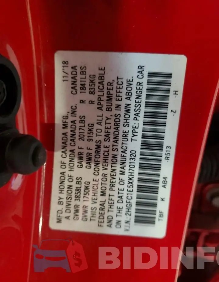 2HGFC1E5XKH701320 Photo# 12