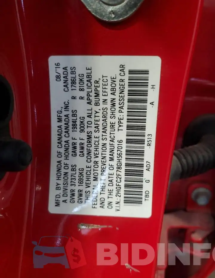 2HGFC2F78GH567016 Photo# 12