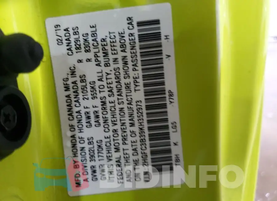 2HGFC3B39KH352973 Photo# 12
