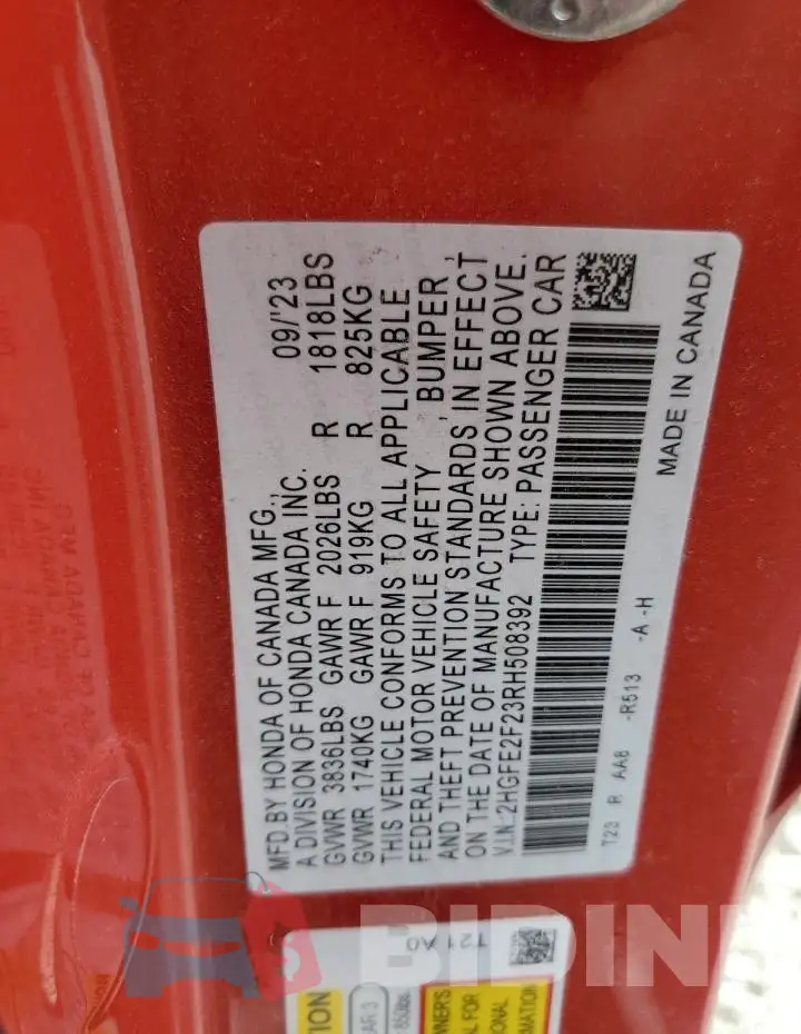 2HGFE2F23RH508392 Photo# 13
