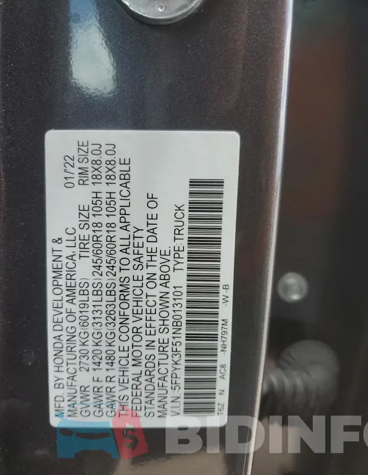 5FPYK3F51NB013101 Photo# 13