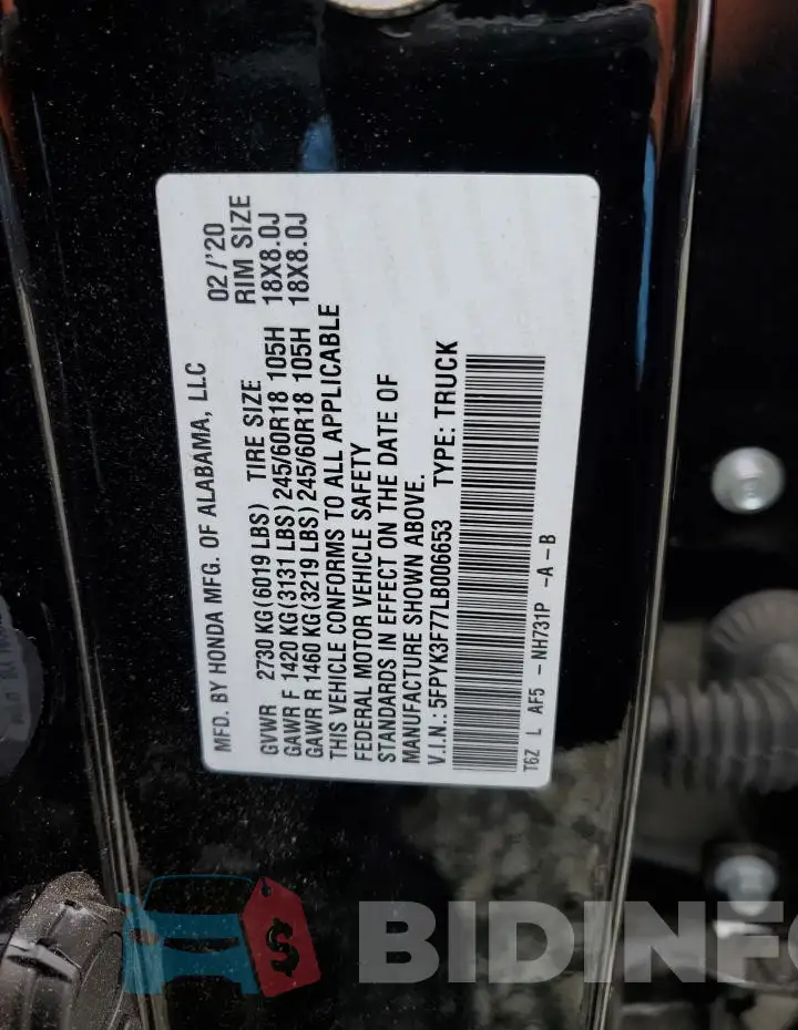 5FPYK3F77LB006653 Photo# 12