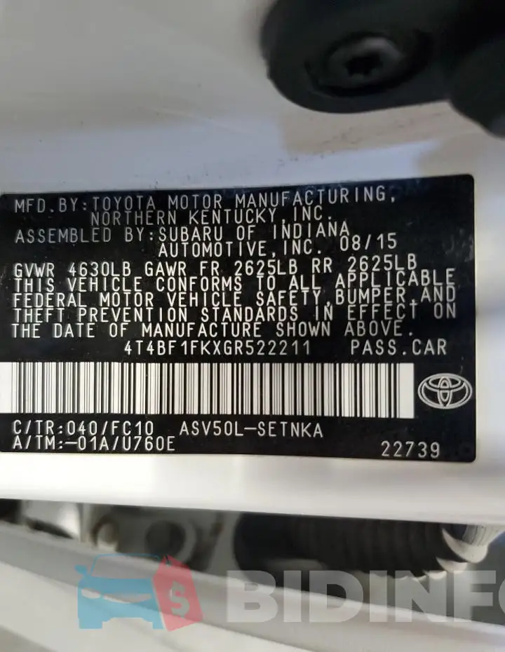 4T4BF1FKXGR522211 Photo# 13