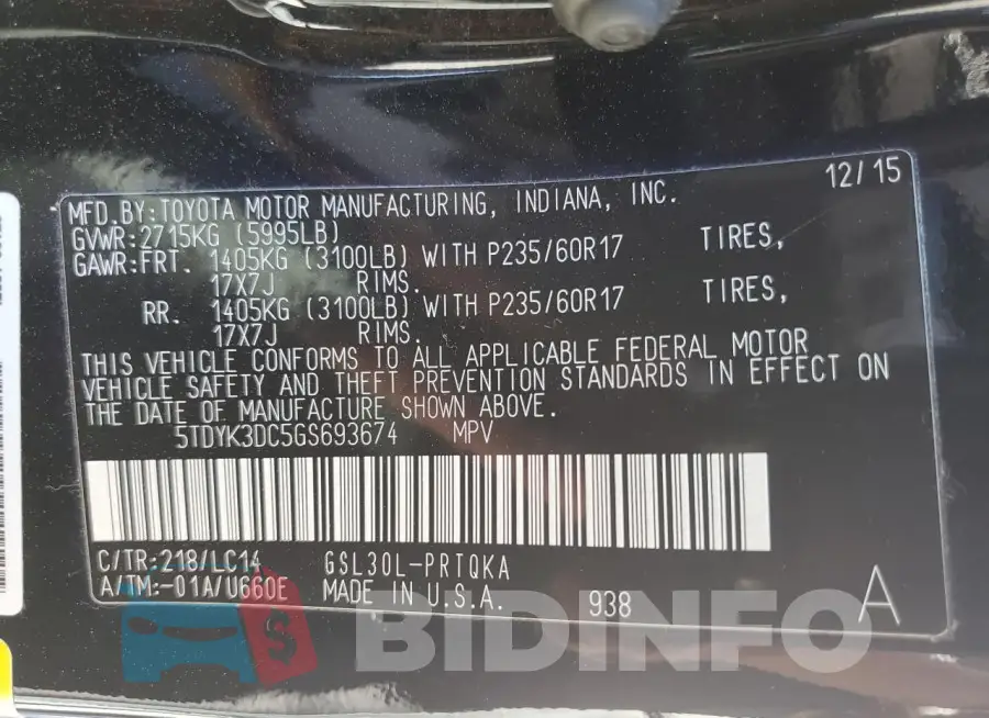 5TDYK3DC5GS693674 Photo# 13