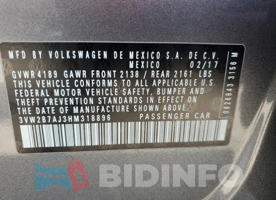 3VW2B7AJ3HM318896 Photo# 12