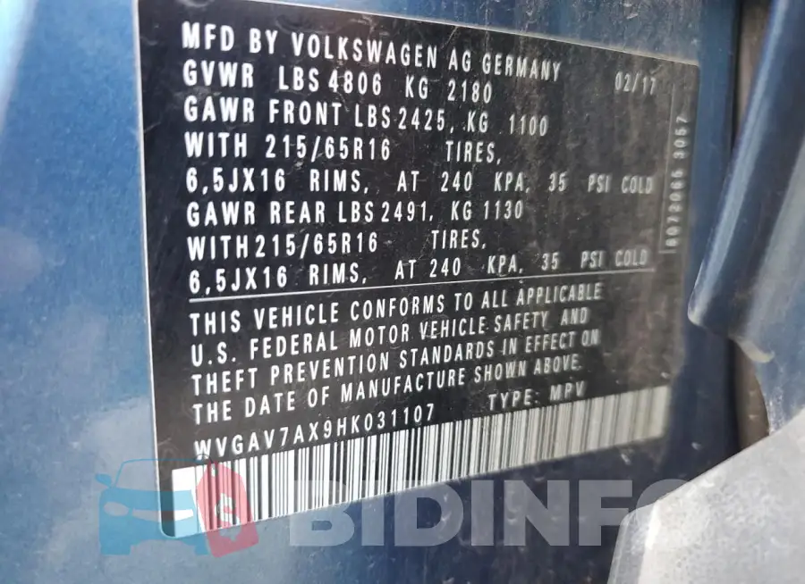 WVGAV7AX9HK031107 Photo# 13