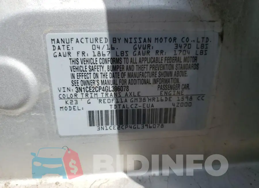 3N1CE2CP4GL396078 Photo# 13