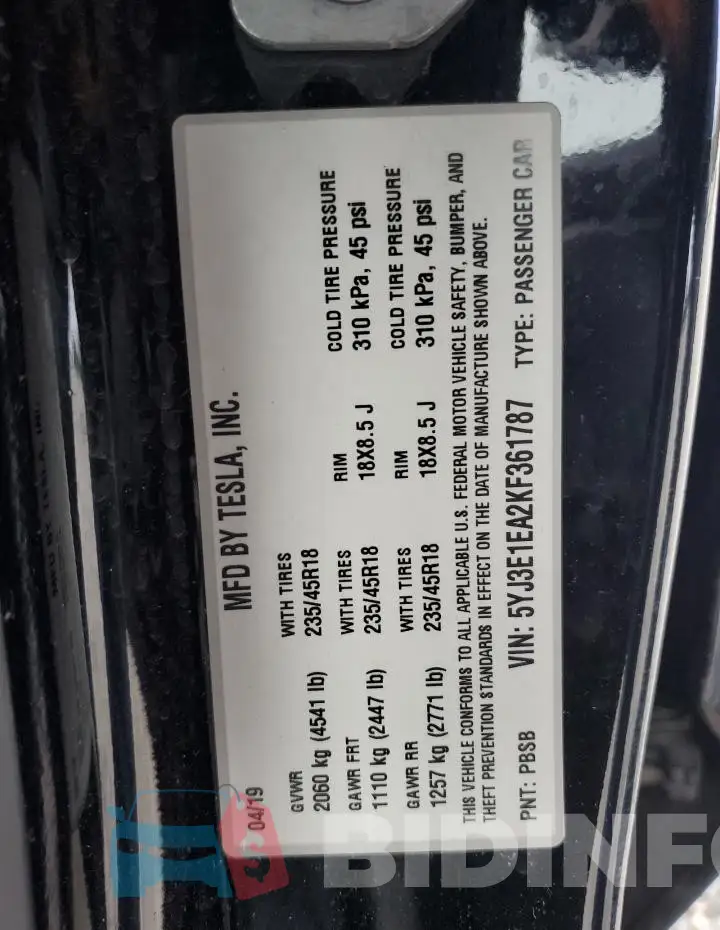 5YJ3E1EA2KF361787 Photo# 12