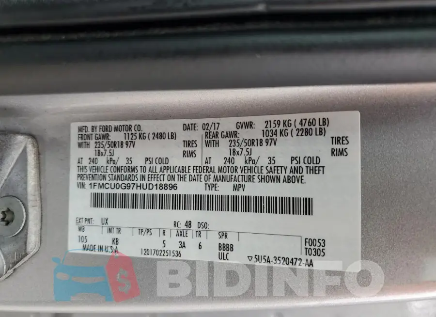 1FMCU0G97HUD18896 Photo# 13