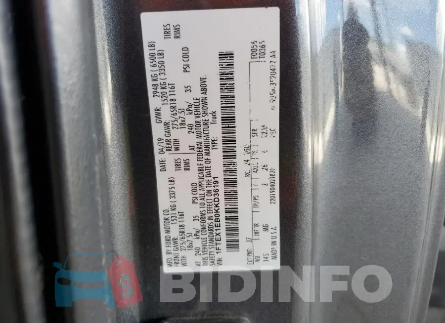1FTEX1EB0KKD36191 Photo# 12