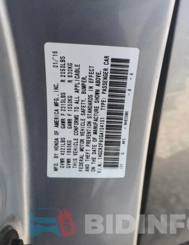 1HGCR2F80GA104151 Photo# 12