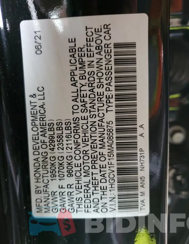 1HGCV1F15MA085875 Photo# 12