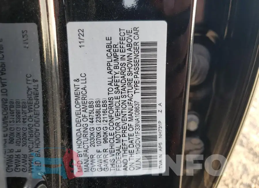 1HGCV1F33NA108637 Photo# 12