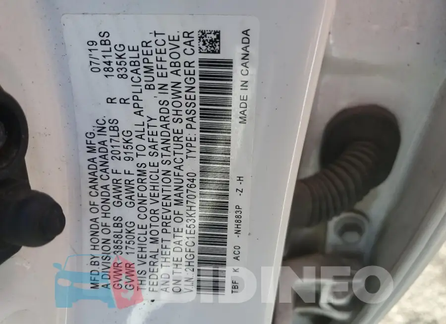 2HGFC1E53KH707640 Photo# 12