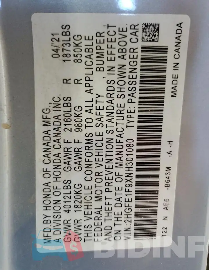 2HGFE1F9XNH301080 Photo# 13