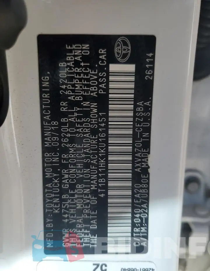 4T1B11HK1KU161451 Photo# 12