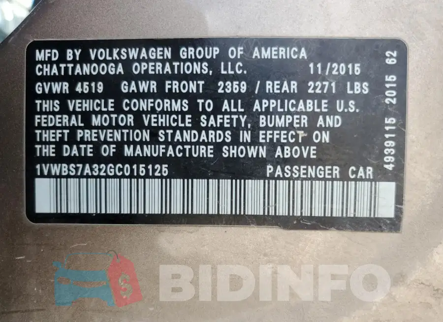 1VWBS7A32GC015125 Photo# 13