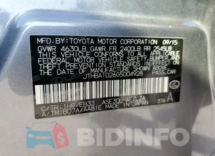 JTHBA1D26G5004928 Photo# 12