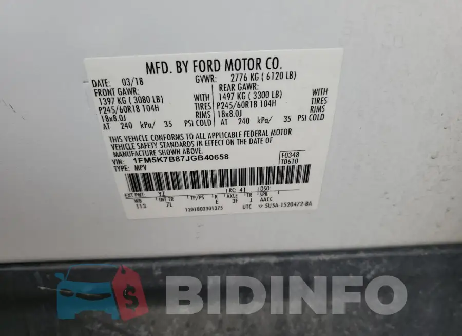 1FM5K7B87JGB40658 Photo# 13