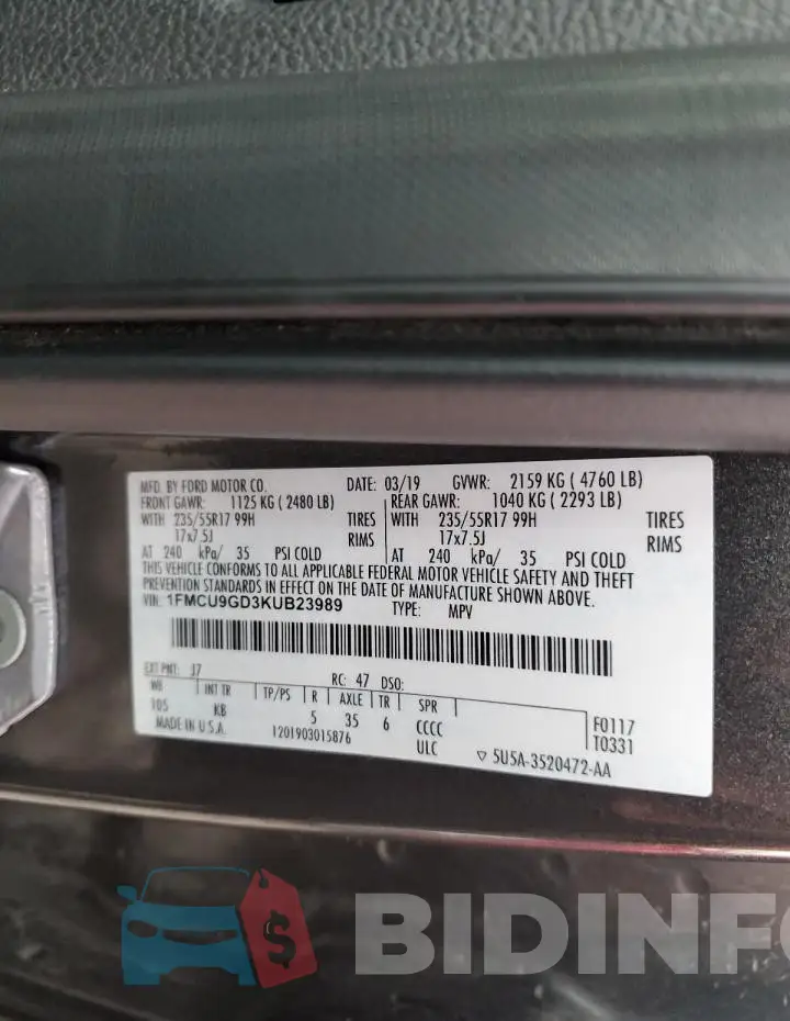1FMCU9GD3KUB23989 Photo# 13
